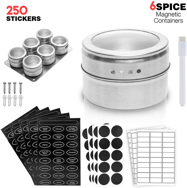 MAYELA Spice Magnetic Containers | Kitchen Storage Organizer For Small Indian Spices Tins Tea & Rack | Adhere To Refrigerator | Stress-Free Organization | Seasoning Box Holder Jar & 250 Sticker Labels